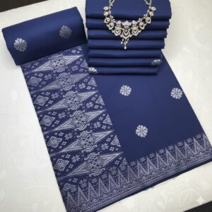 Songket Tenun Premium – Navy Blue Silver Motif Bunga Tabur (4.25m)