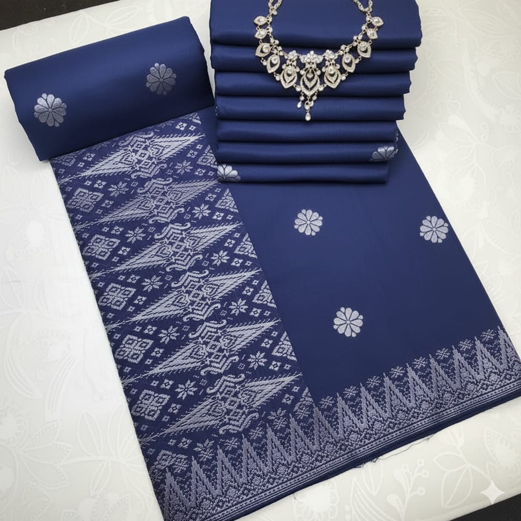 Songket Tenun Premium – Navy Blue Silver Motif Bunga Tabur (4.25m)
