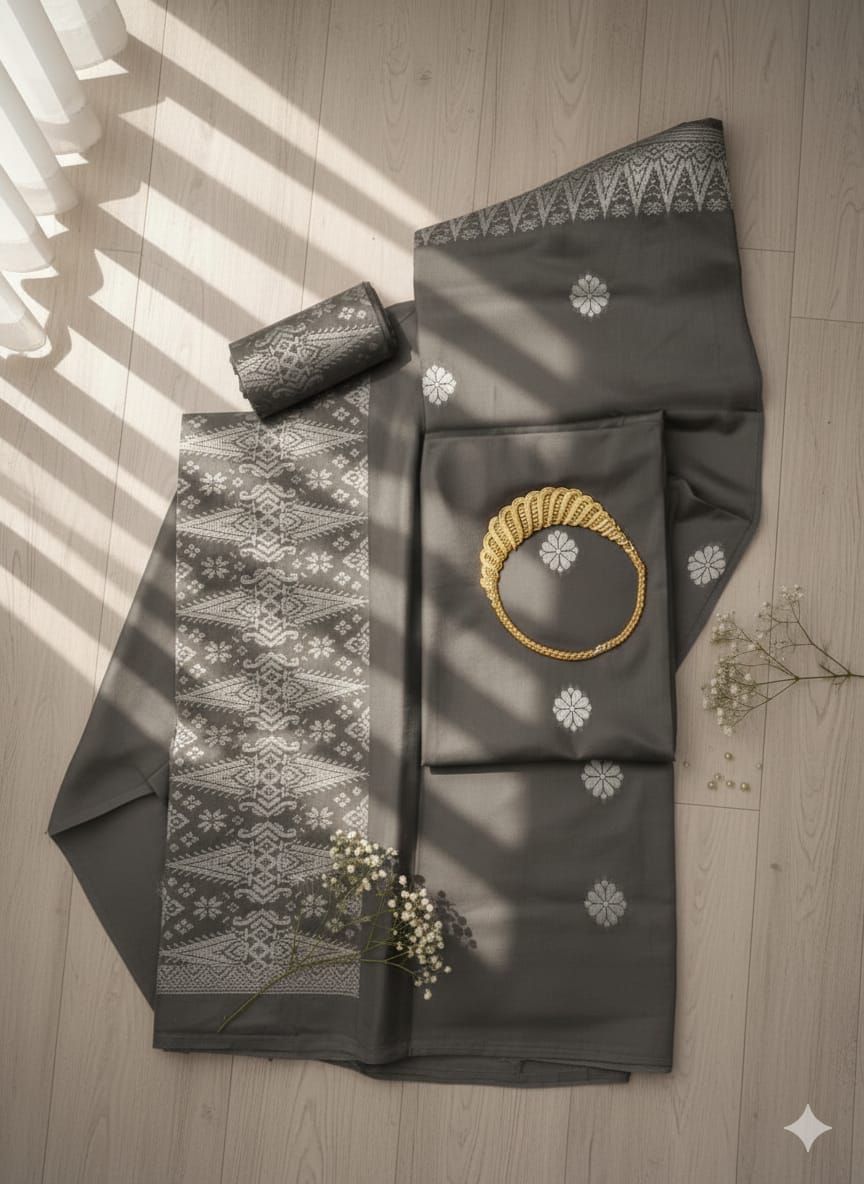 Songket Tenun Premium – Grey Silver Motif Bunga Tabur (4.25m)