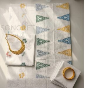 Songket Tenun Premium Exclusive – White Pearl Multicolor Border Motif Bunga Tabur (4.25m)