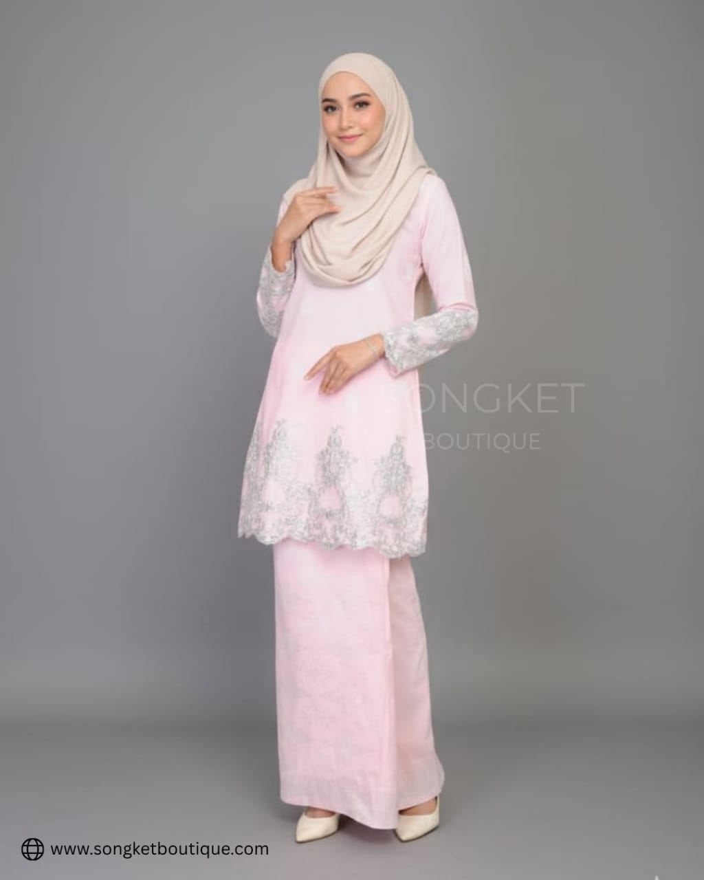 Songket Tenunan Premium – Kurung Moden Stitched Set (Soft Baby Pink)