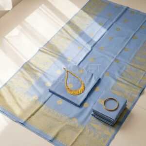 Songket Tenun Premium – Baby Blue Gold Motif Bunga Tabur (4.25m)