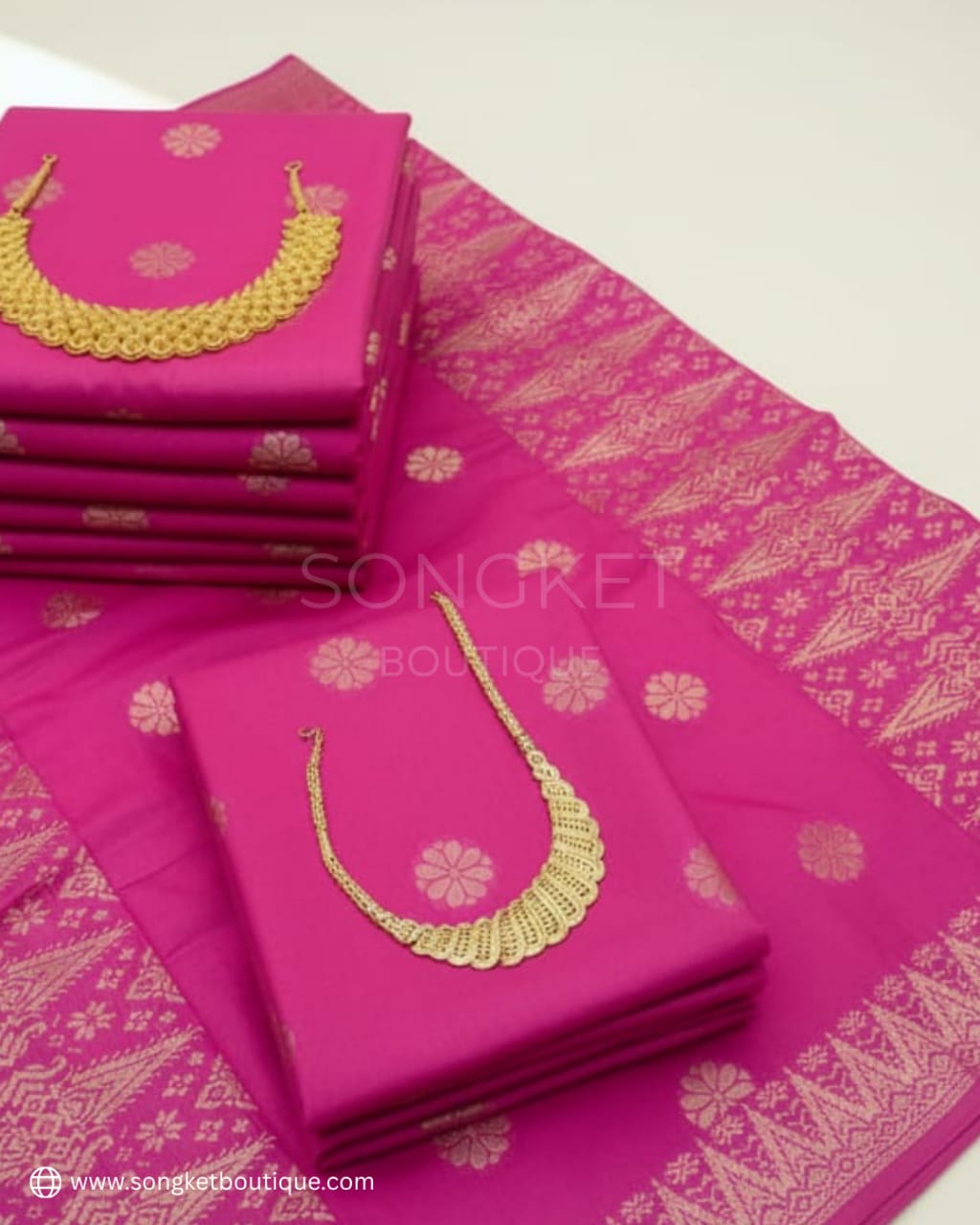 Songket Tenun Premium – Hot Pink Motif Bunga Tabur Gold (4.25m)