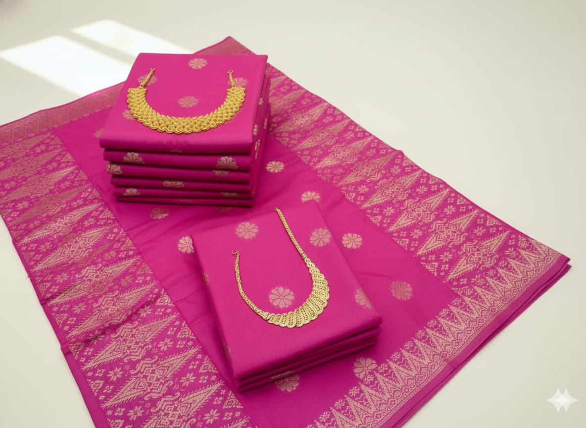 Songket Tenun Premium – Hot Pink Gold Exclusive Motif Bunga Tabur (4.25m)