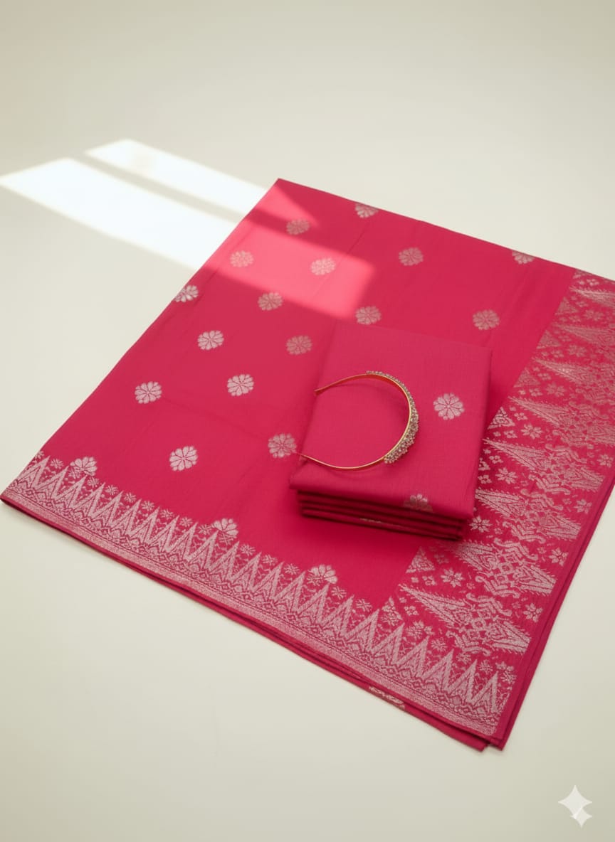 Songket Tenun Premium – Hot Pink Silver Exclusive Motif Bunga Tabur (4.25m)
