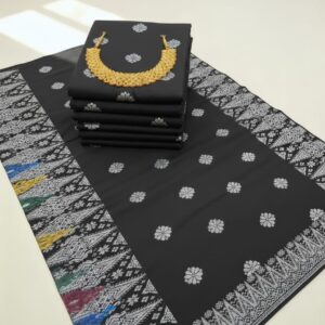 Songket Tenun Premium Exclusive – Black Silver Floral Motif + Multicolor Border (4.25m)