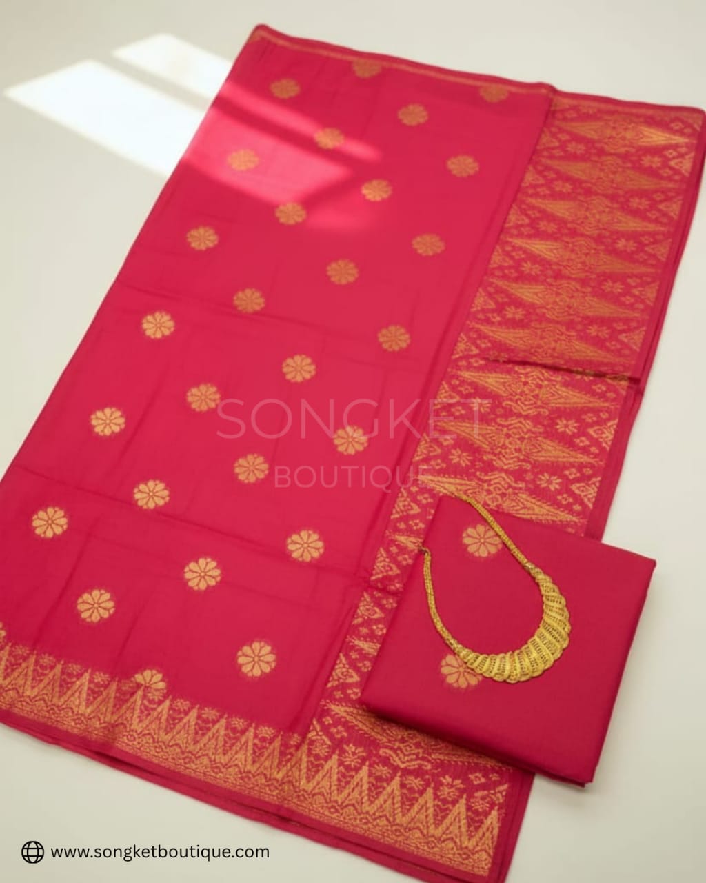 Songket Tenun Premium – Hot Rose Gold Bunga Tabur Exclusive (4.25m)