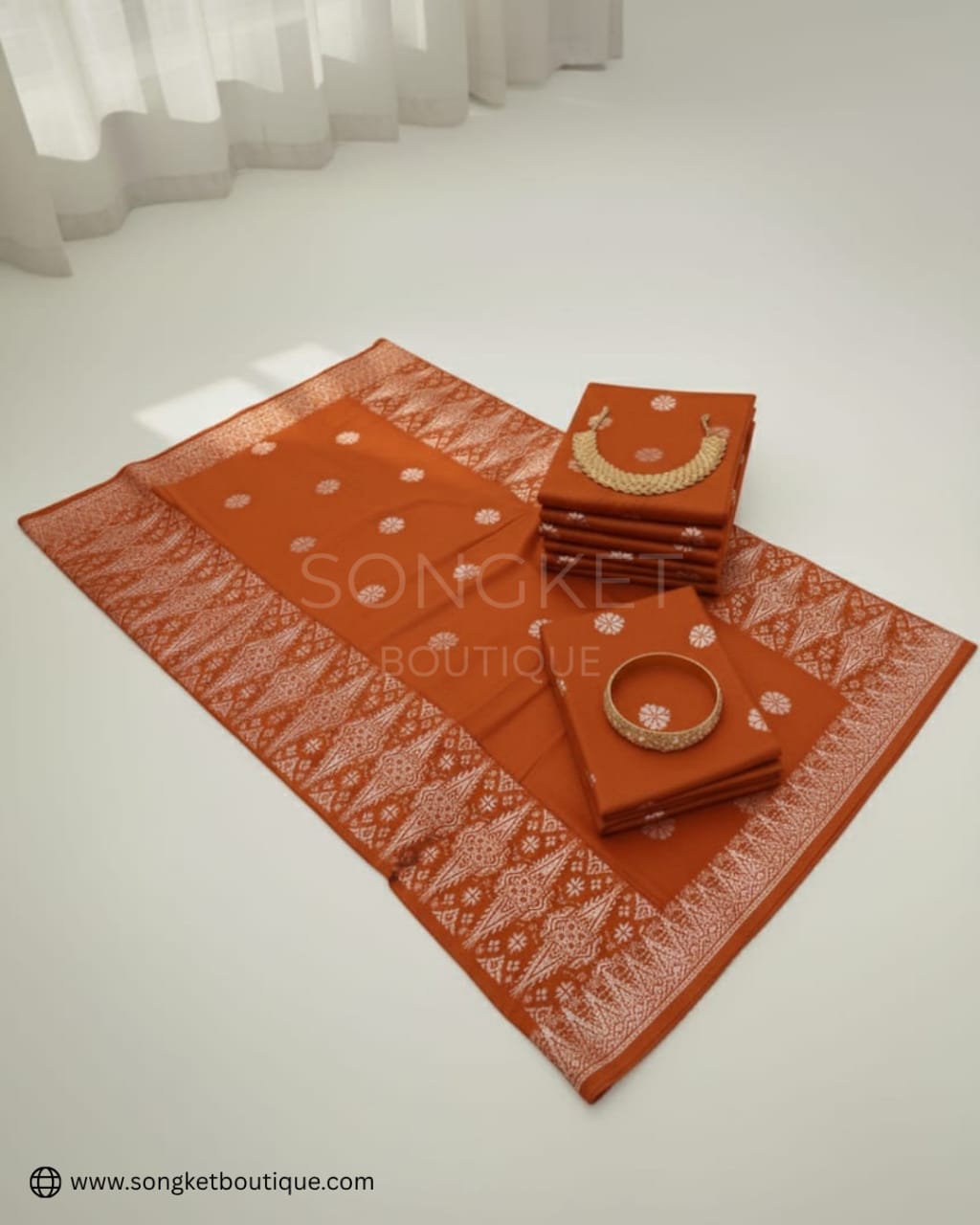 Songket Tenun Premium – Burnt Orange Silver Exclusive Motif Bunga Tabur (4.25m)