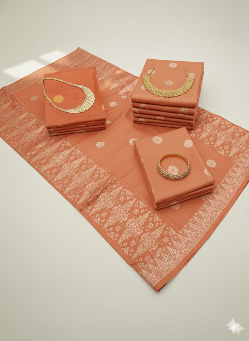 Songket Tenun Premium – Burnt Peach Gold Exclusive Motif Bunga Tabur (4.25m)