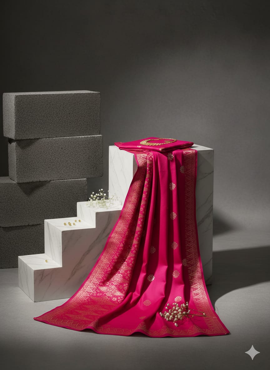 Songket Tenun Premium – Hot Pink Gold (4.25m) Motif Bunga Tabur Eksklusif