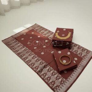 Songket Tenun Premium – Brown Silver (4.25m) Motif Bunga Tabur Eksklusif