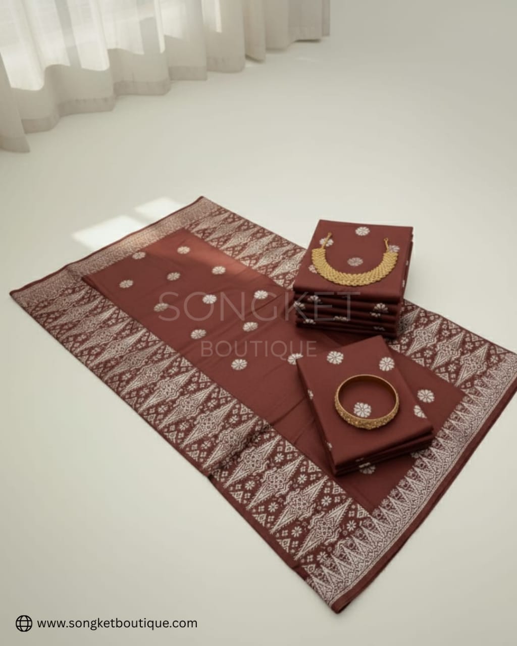 Songket Tenun Premium – Brown Silver (4.25m) Motif Bunga Tabur Eksklusif