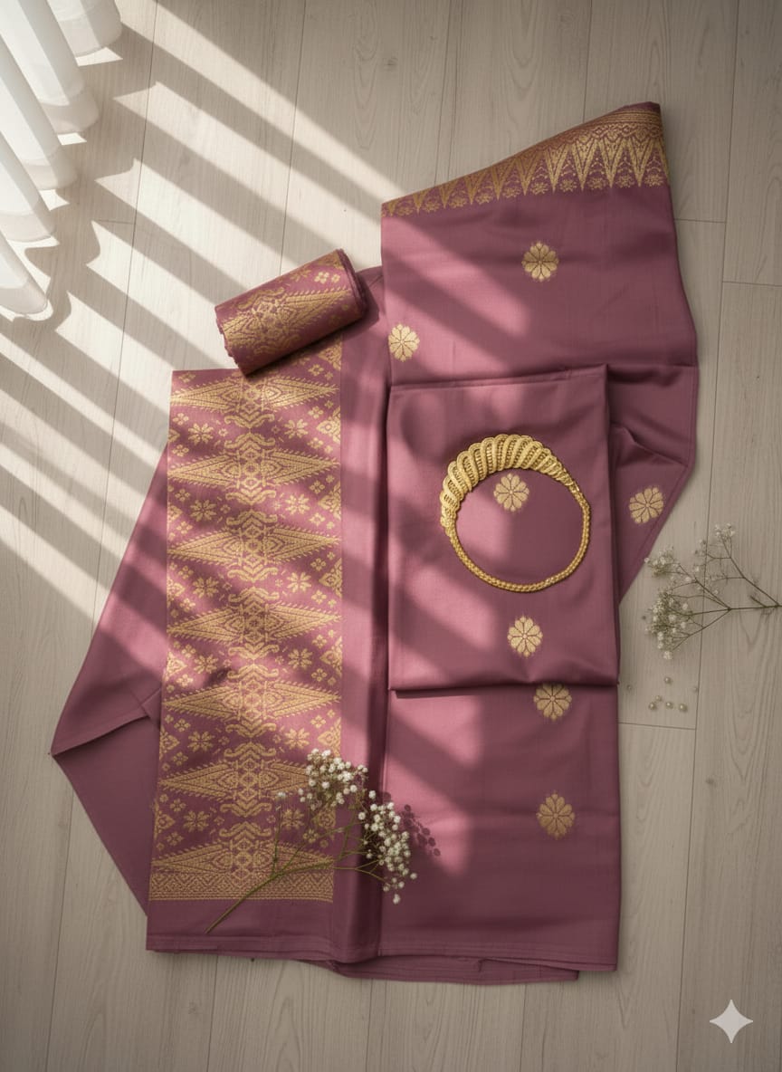 Songket Tenun Premium – Dusty Rose Gold (4.25m) Motif Bunga Tabur Eksklusif