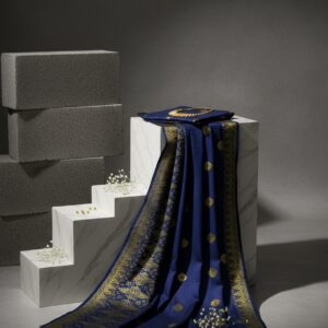 Songket Tenun Premium – Royal Blue Gold (4.25m) Motif Bunga Tabur Eksklusif