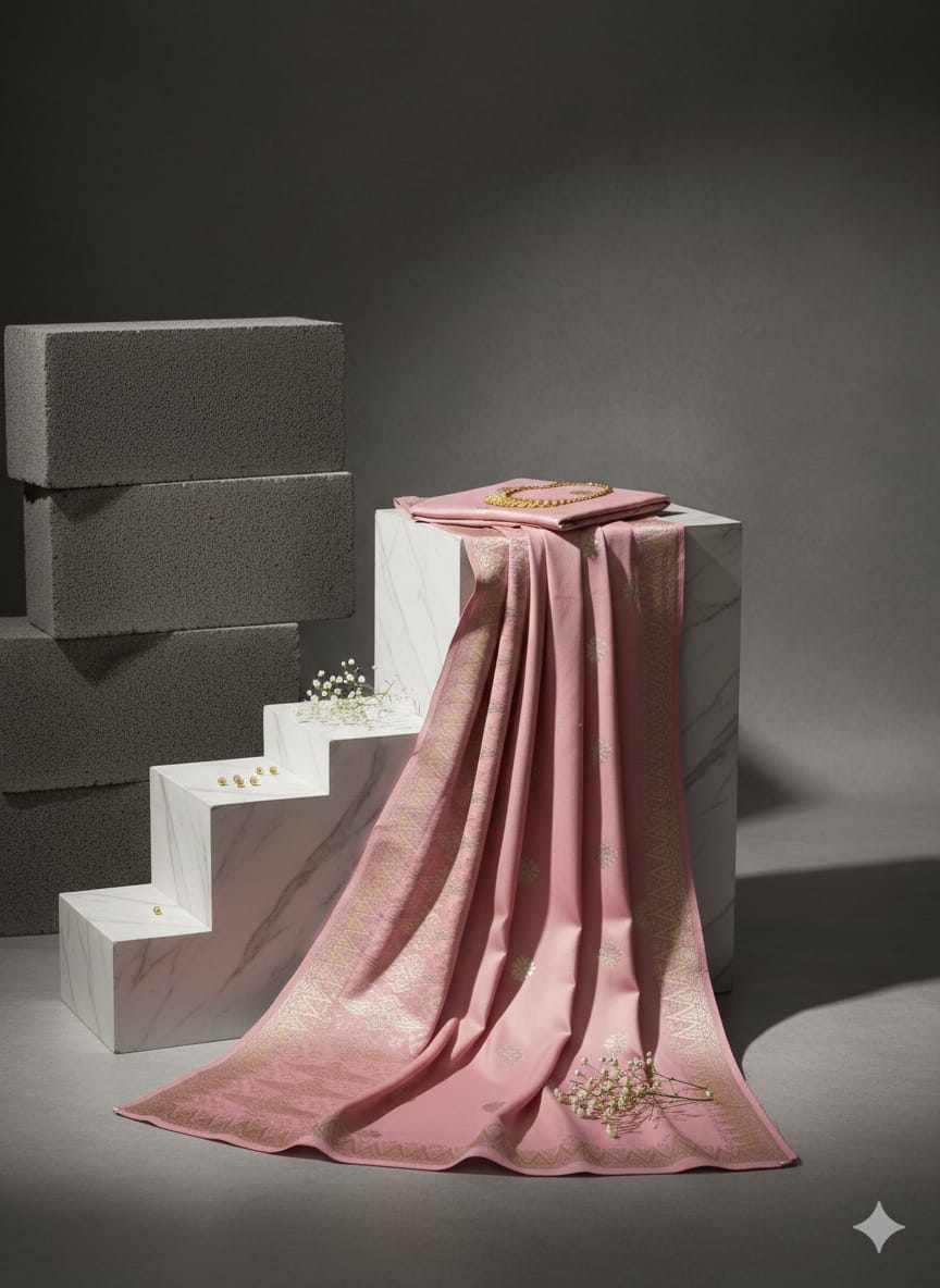 Songket Tenun Premium – Soft Pink Gold (4.25m) Motif Bunga Tabur Eksklusif