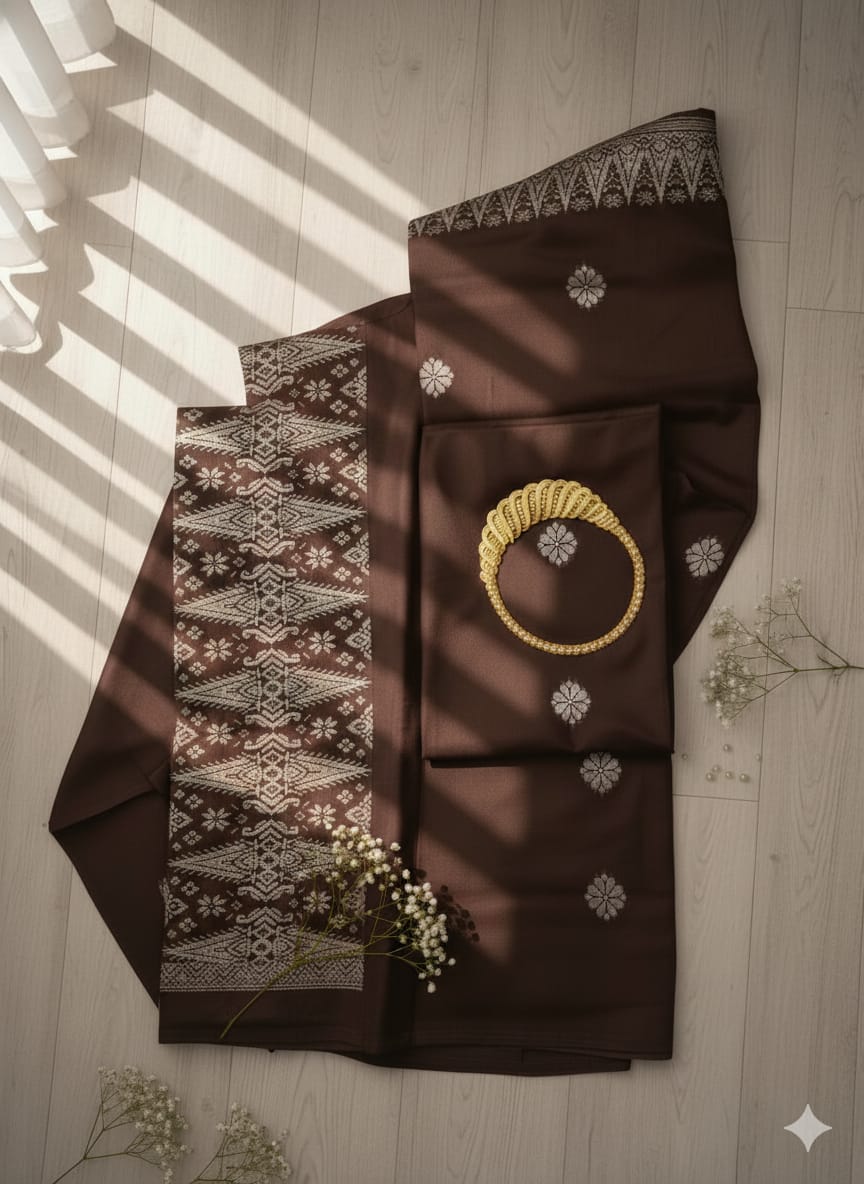 Songket Tenun Premium – Chocolate Brown Silver (4.25m) Motif Bunga Tabur Eksklusif