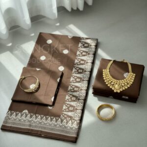 Songket Tenun Premium – Brown Silver Motif Bunga Tabur (4.25m)